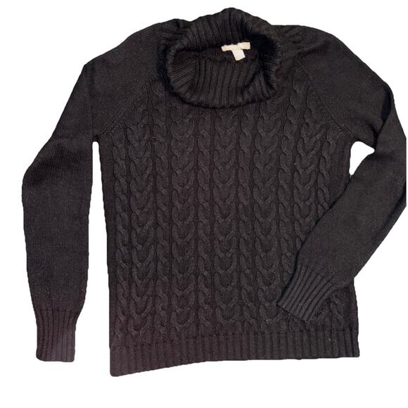 Banana Republic Sweater L Black Wool Chunky Fisherman Cable Knit Turtleneck - Picture 5 of 8